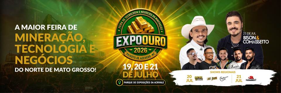 Outdoor da ExpoOuro 2026 com data de 19, 20 e 21 de julho, shows e feira de mineração, tecnologia e negócios