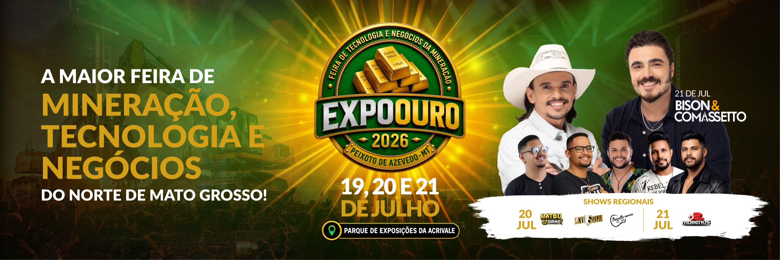 Outdoor da ExpoOuro 2026 com data de 19, 20 e 21 de julho, shows e feira de mineração, tecnologia e negócios